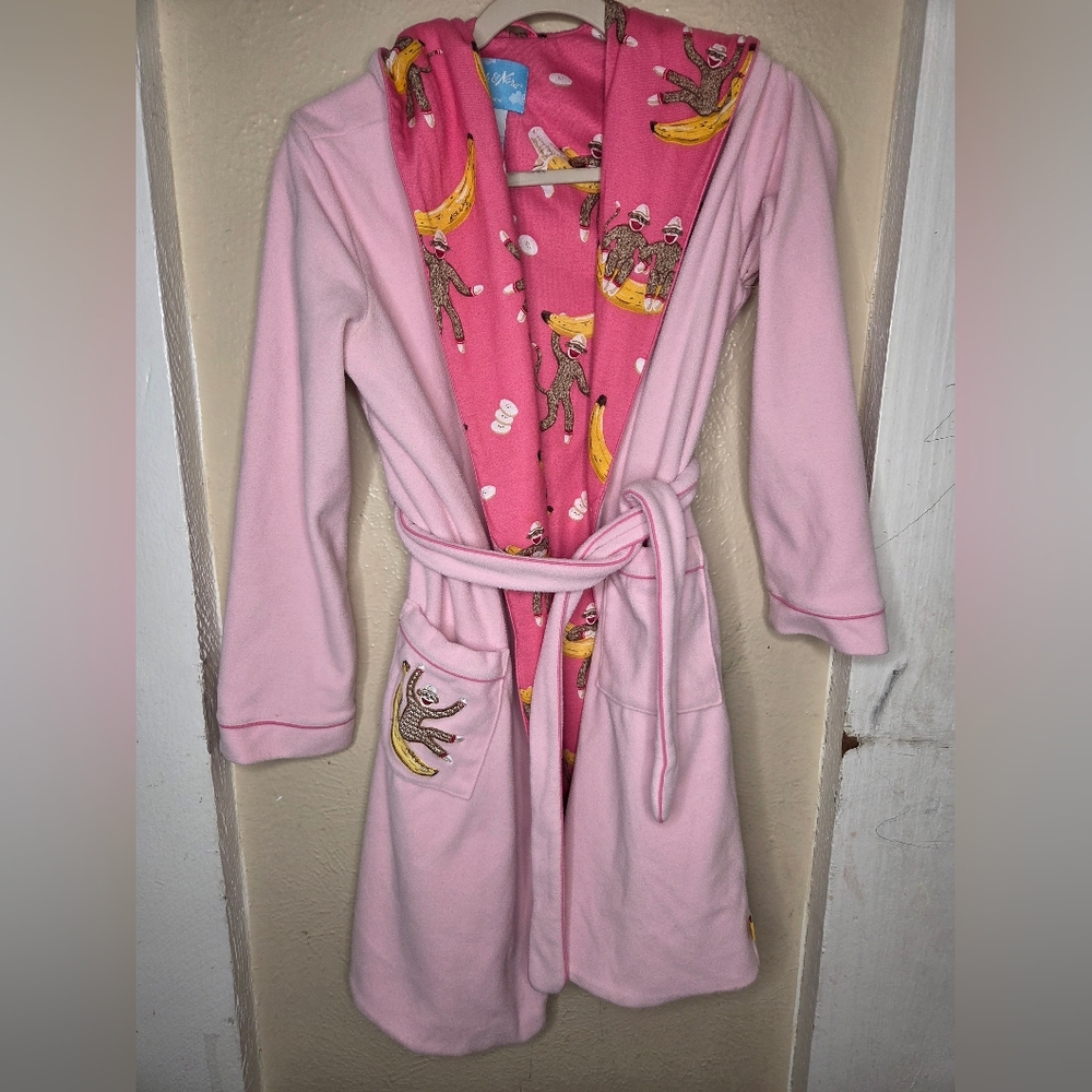 Nick and Nora Girls Size XL Pink Sock Monkey Belted Hooded Fleece Robe